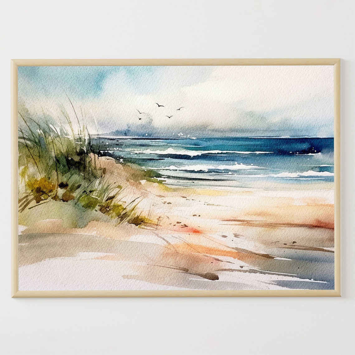 Sand Beach Watercolor Seascape, Ocean Beach Art Print