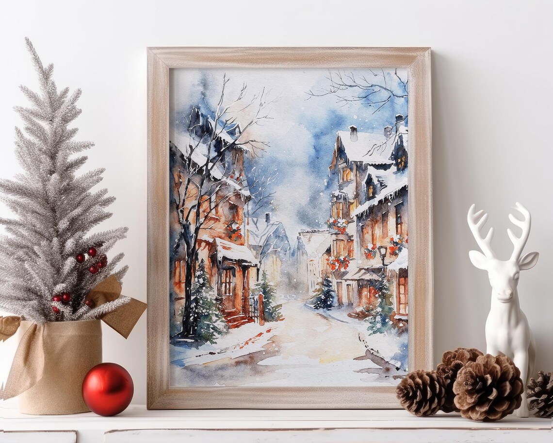 Snowy Christmas Village Street Old Town Winter Watercolor Art Poster - Image 5