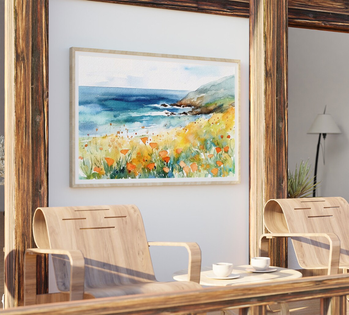Big Sur California Poppy Landscape, Watercolor Art Print - Image 4