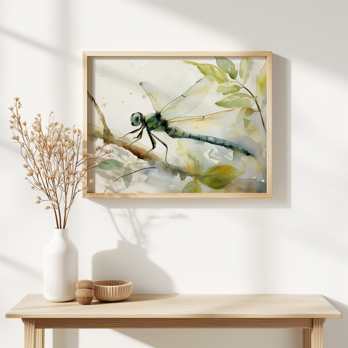Dragonfly Watercolor Painting on Green Leaves Delicate Insect Nature Art Poster - Image 3
