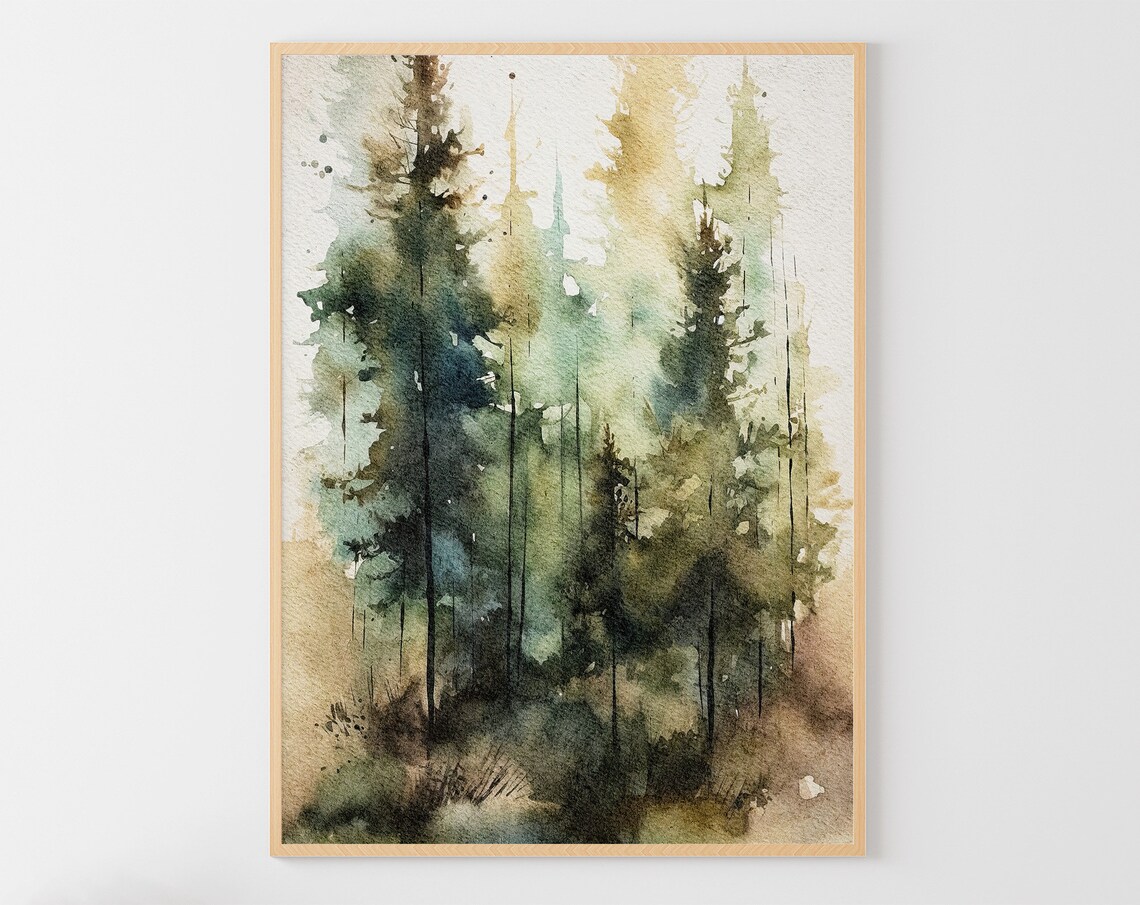 Pine Forest Watercolor Landscape Art Print