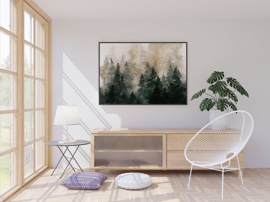Pine Forest Watercolor Landscape, Panoramic Art Print - Image 3