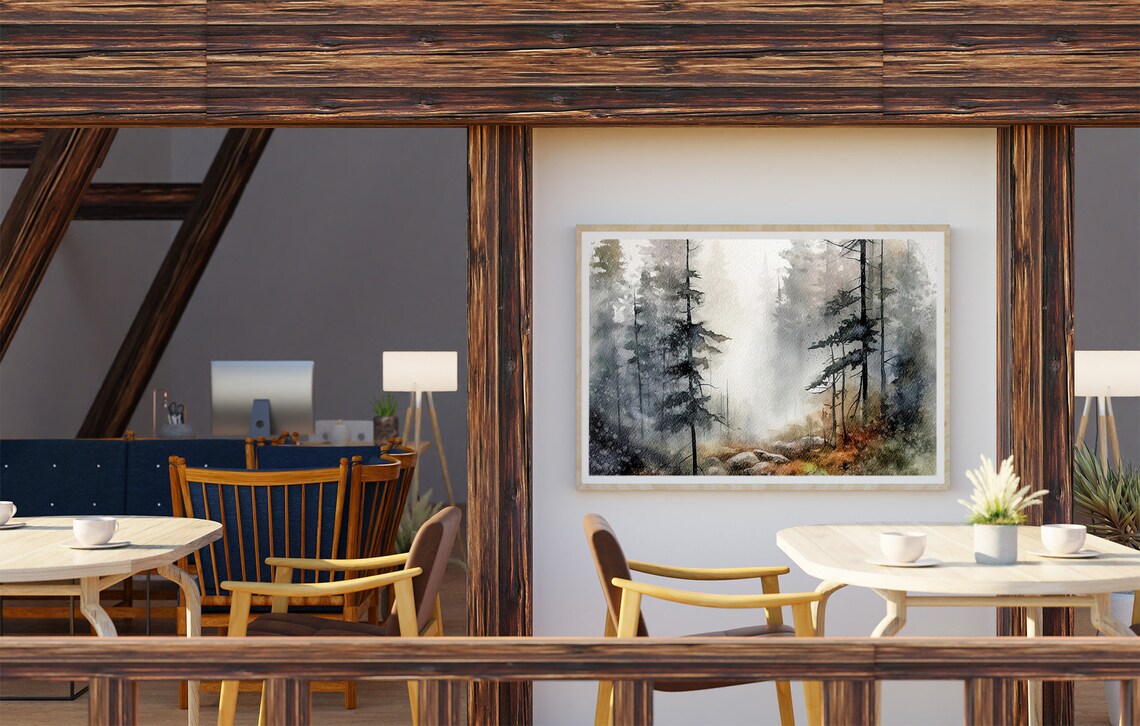 Foggy Oregon Pine Forest Watercolor Misty Tall Evergreens Woods Poster - Image 5
