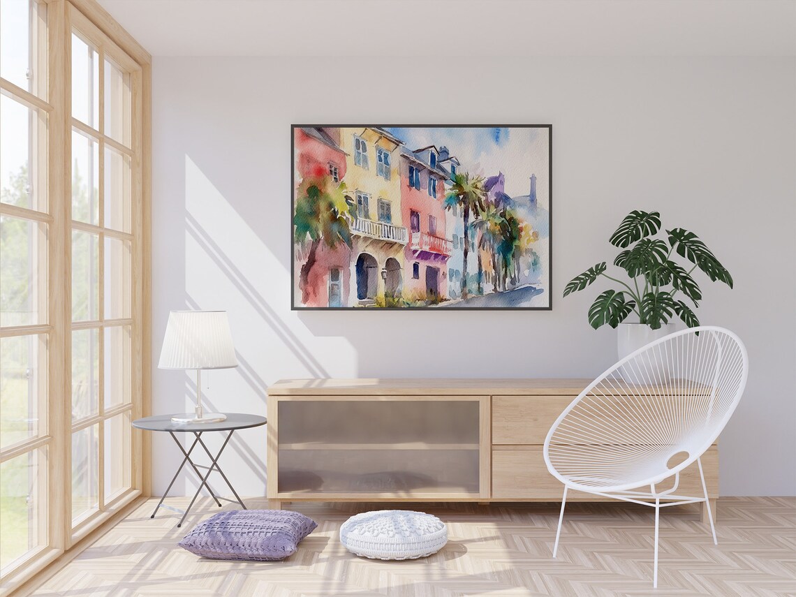 Rainbow Row Charleston Cityscape, Watercolor Art Print - Image 3