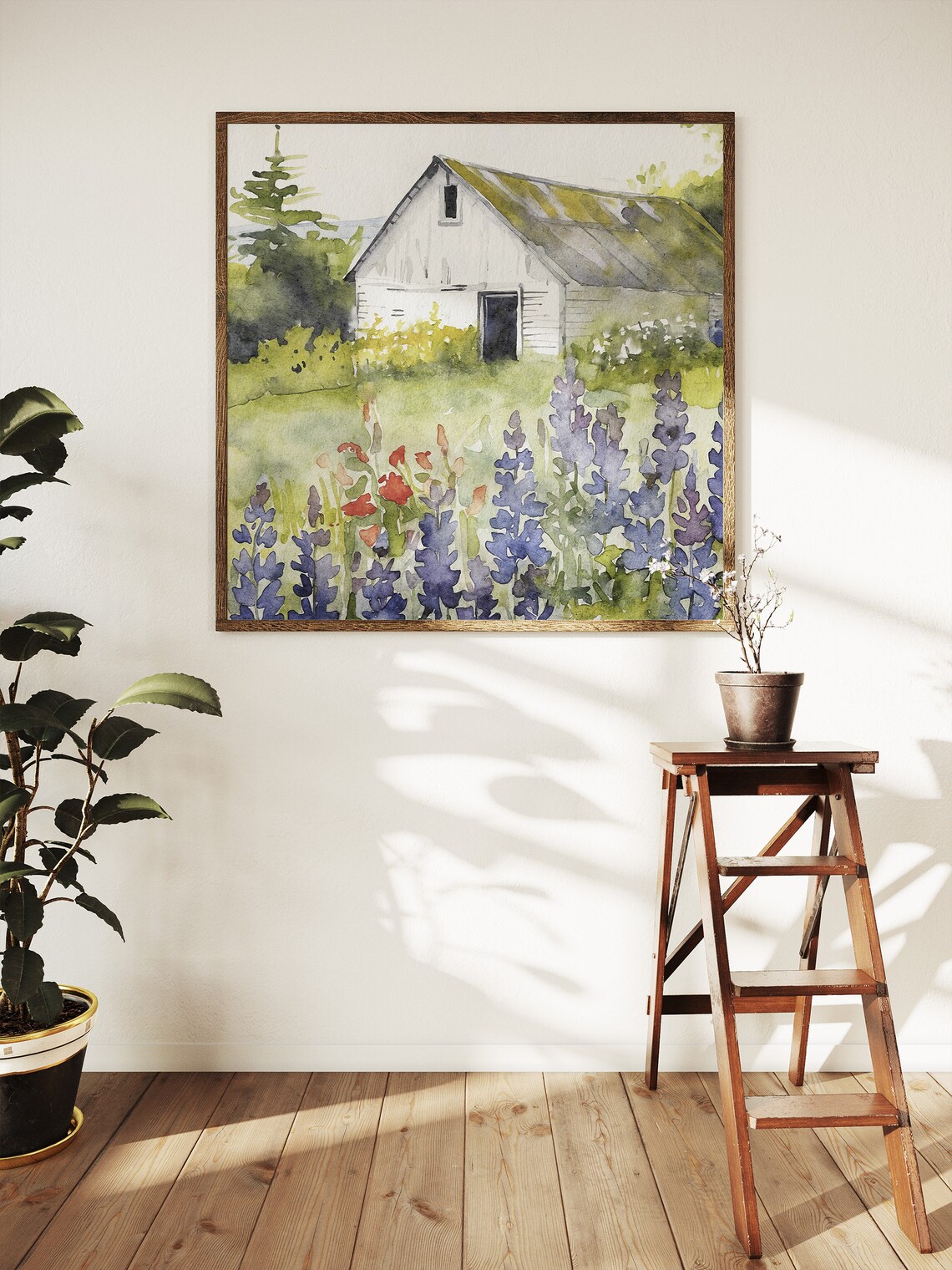 Bluebonnets Field and White Barn Watercolor Art Print - Image 4