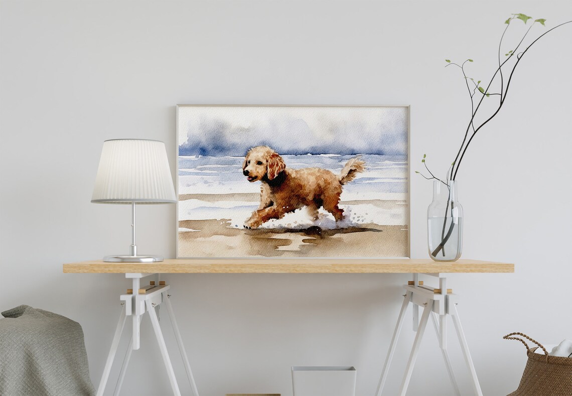 Running Dog on Beach, Neutral Watercolor Art Print - Image 3