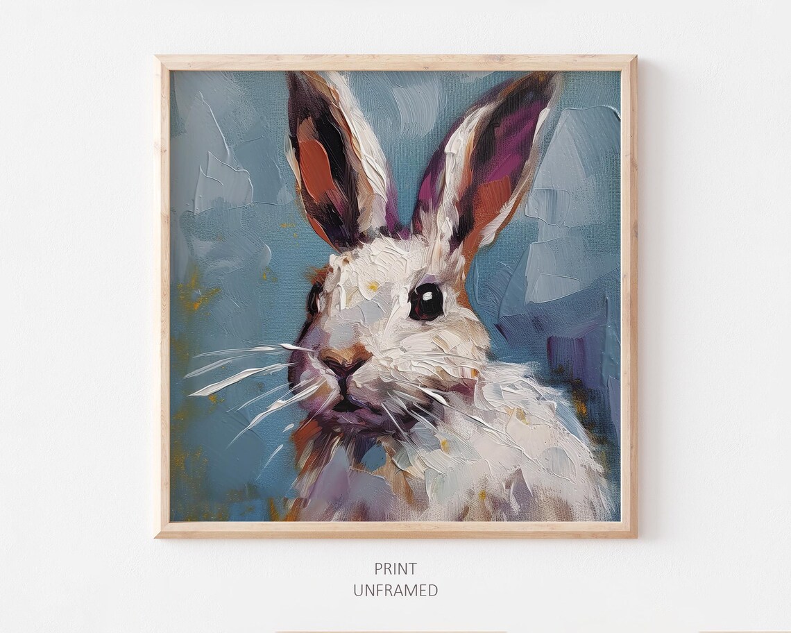 Rabbit Oil Painting Art Print, White Bunny Portrait