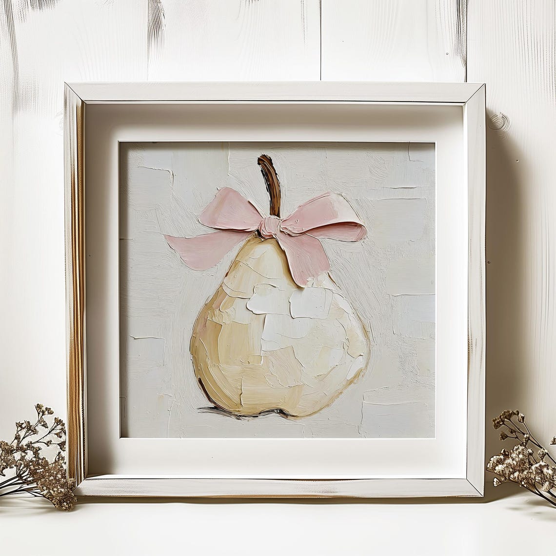 Pear With Pink Bow Oil Painting Cream Coquette Kitchen Wall Art Print - Image 2