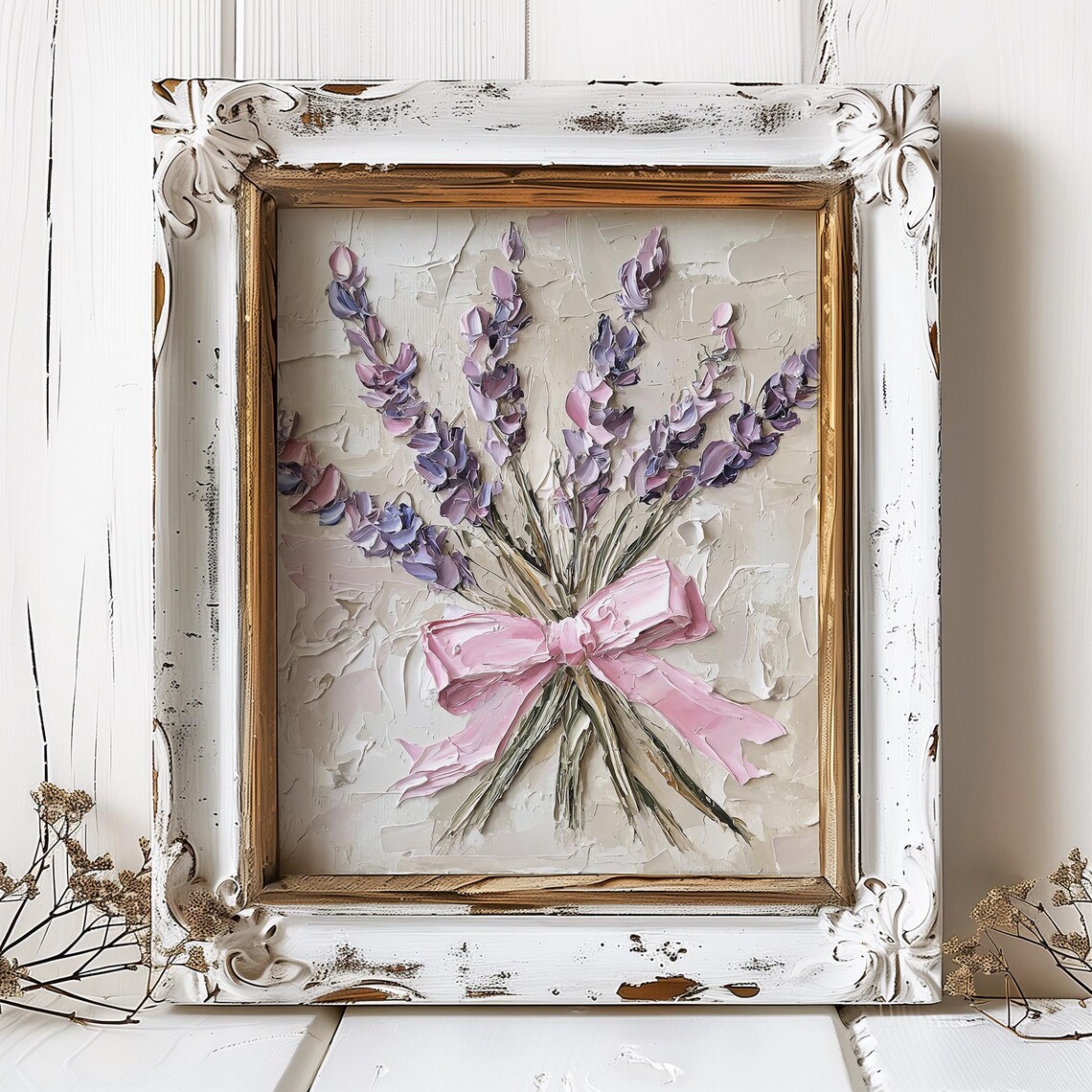 Lavender Oil Painting Print, Pink Bow Wildflowers - Image 3