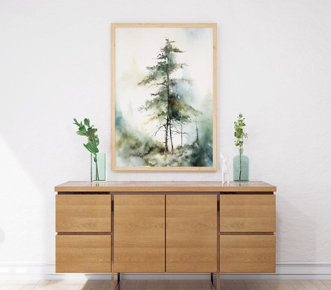 Pine Tree Watercolor Misty Forest Landscape Art Print - Image 4