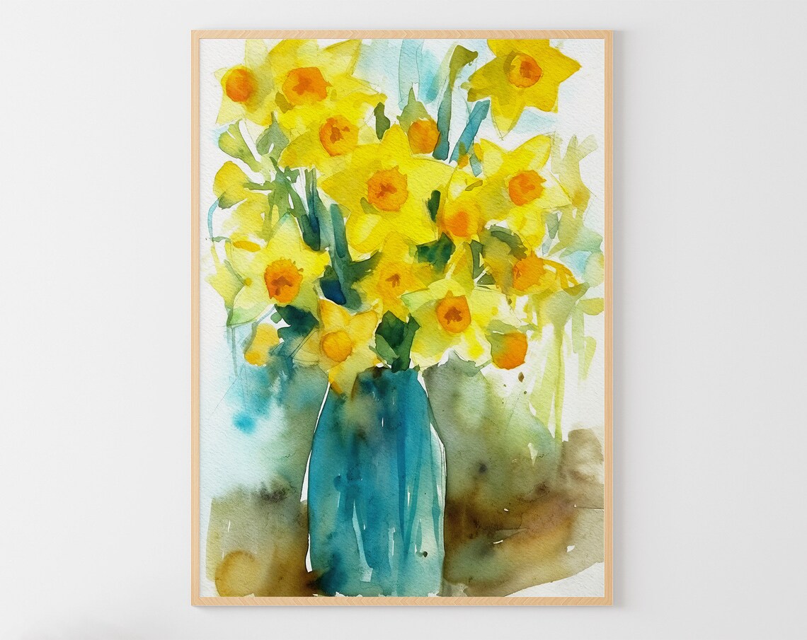 Daffodil Watercolor Painting, Spring Floral Still Life