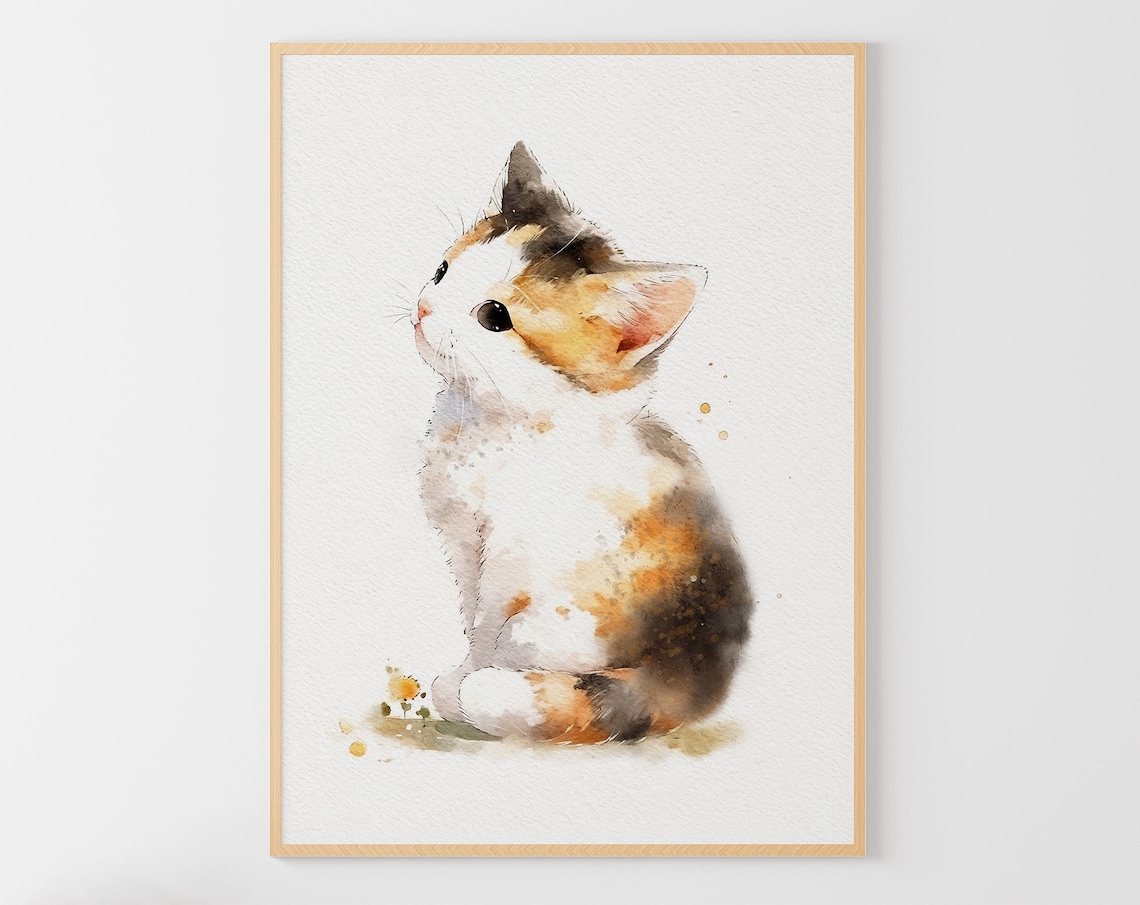 Calico Cat Kitten Watercolor Art Print, Cute Kitty