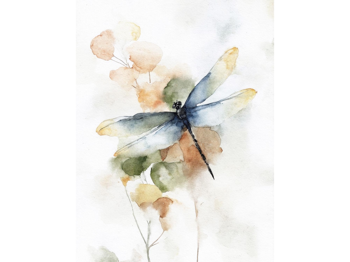 Dragonfly Watercolor Art Print, Wildflowers Autumn Decor