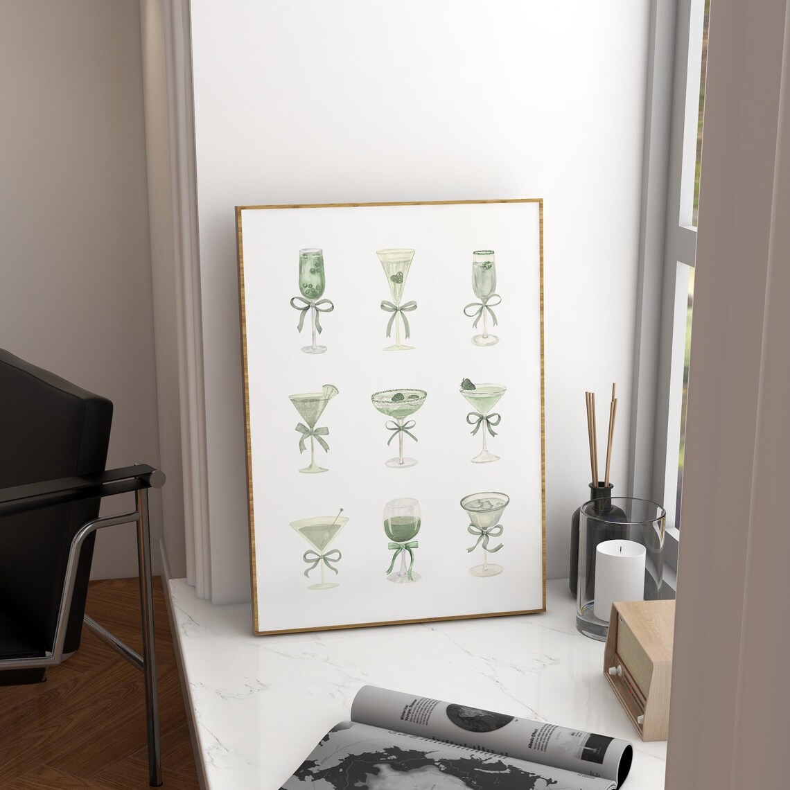 Sage Green Cocktail Glasses With Bows Watercolor Bar Cart Poster
