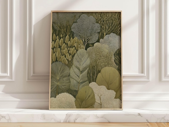 Vintage Green Forest Botanical Olive Cream Woodland Art Poster