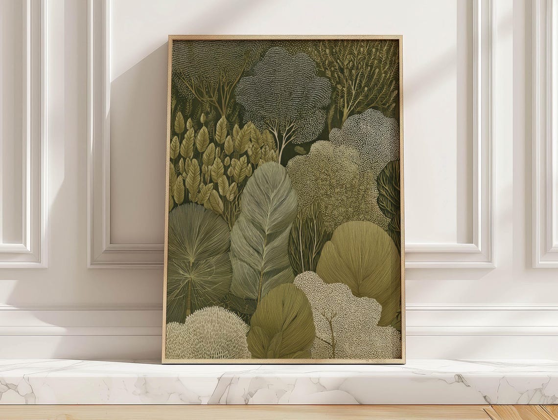 Vintage Green Forest Botanical Olive Cream Woodland Art Poster