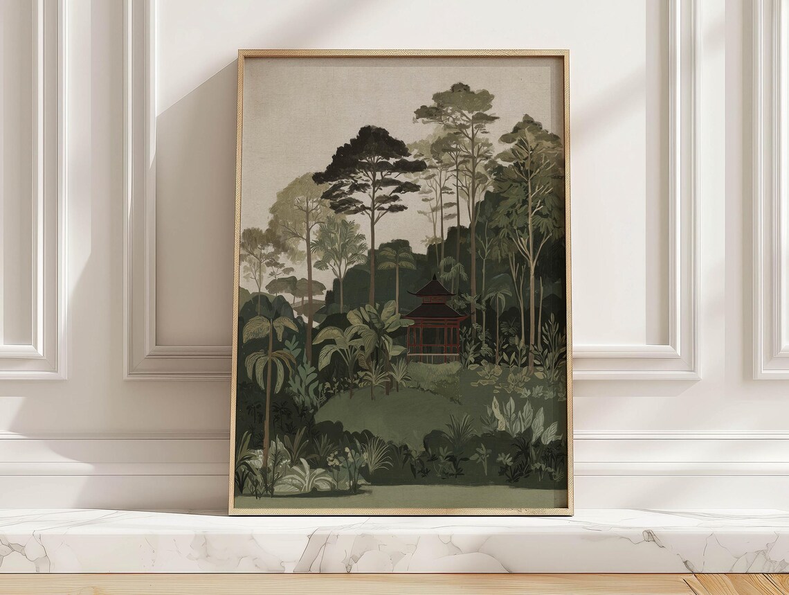 Japanese Pagoda In Lush Green Forest Garden Japandi Style Poster