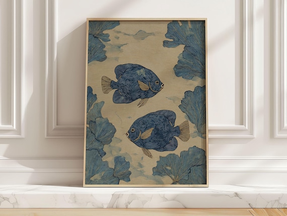 Blue Tang Fish Pair Vintage Japanese Coastal Ocean Style Poster