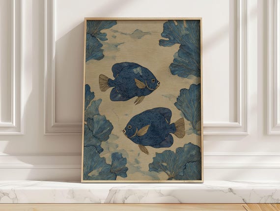 Tropical Blue Fish Poster Modern Coastal Japanese Style Art Print Minimalist Ocean Beach House Living Room Wall