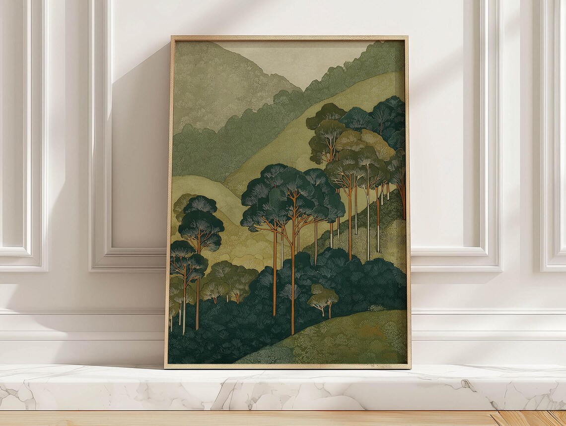 Vintage Pine Tree Forest Rolling Green Hills Japandi Nature Poster