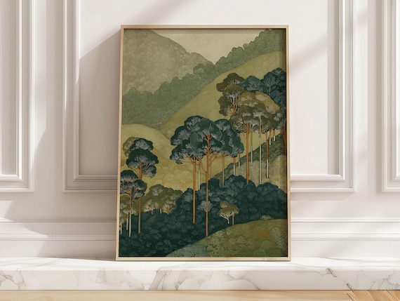 Vintage Pine Tree Forest Rolling Green Hills Japandi Nature Poster