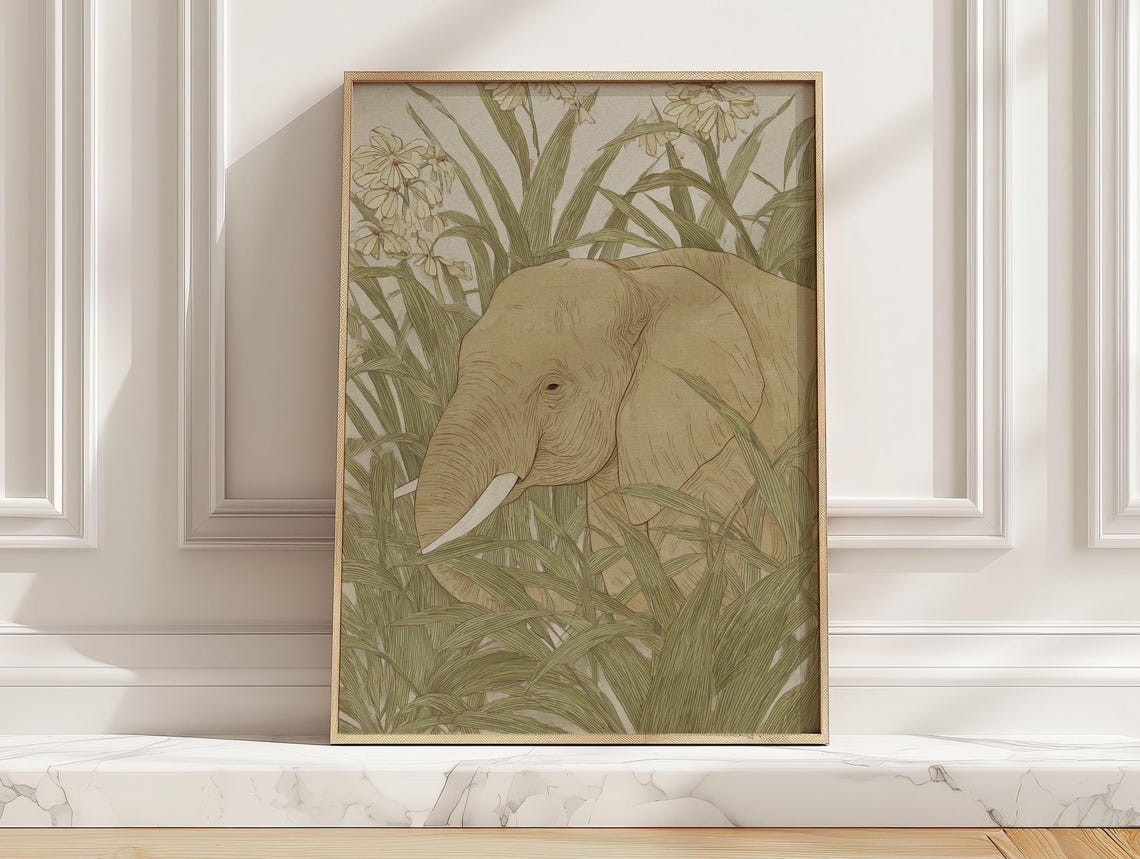 Botanical Elephant In Jungle Foliage Vintage Safari Art Poster