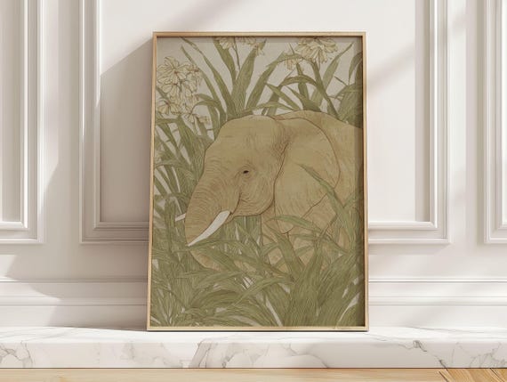 Botanical Elephant Art Print Vintage Safari Jungle Poster Neutral Green Baby Nursery Room Wall