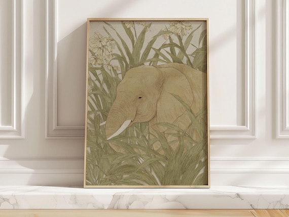 Botanical Elephant In Jungle Foliage Vintage Safari Art Poster