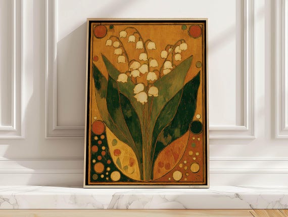 Retro Floral Botanical Art Print Mustard Orange Green Lily Of The Valley Poster Mid Century Modern