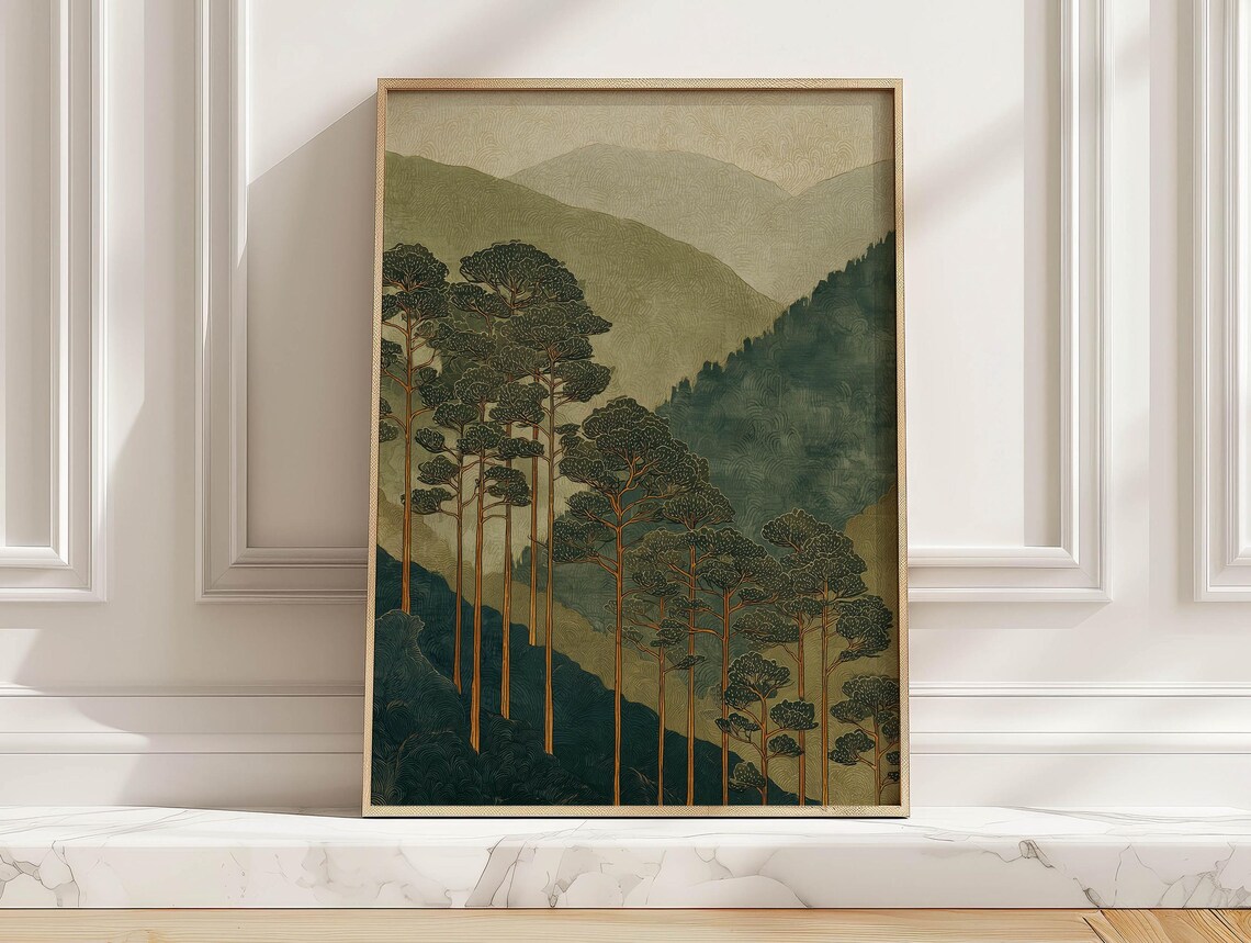 Japandi Pine Forest Misty Mountains Minimalist Green Art Print