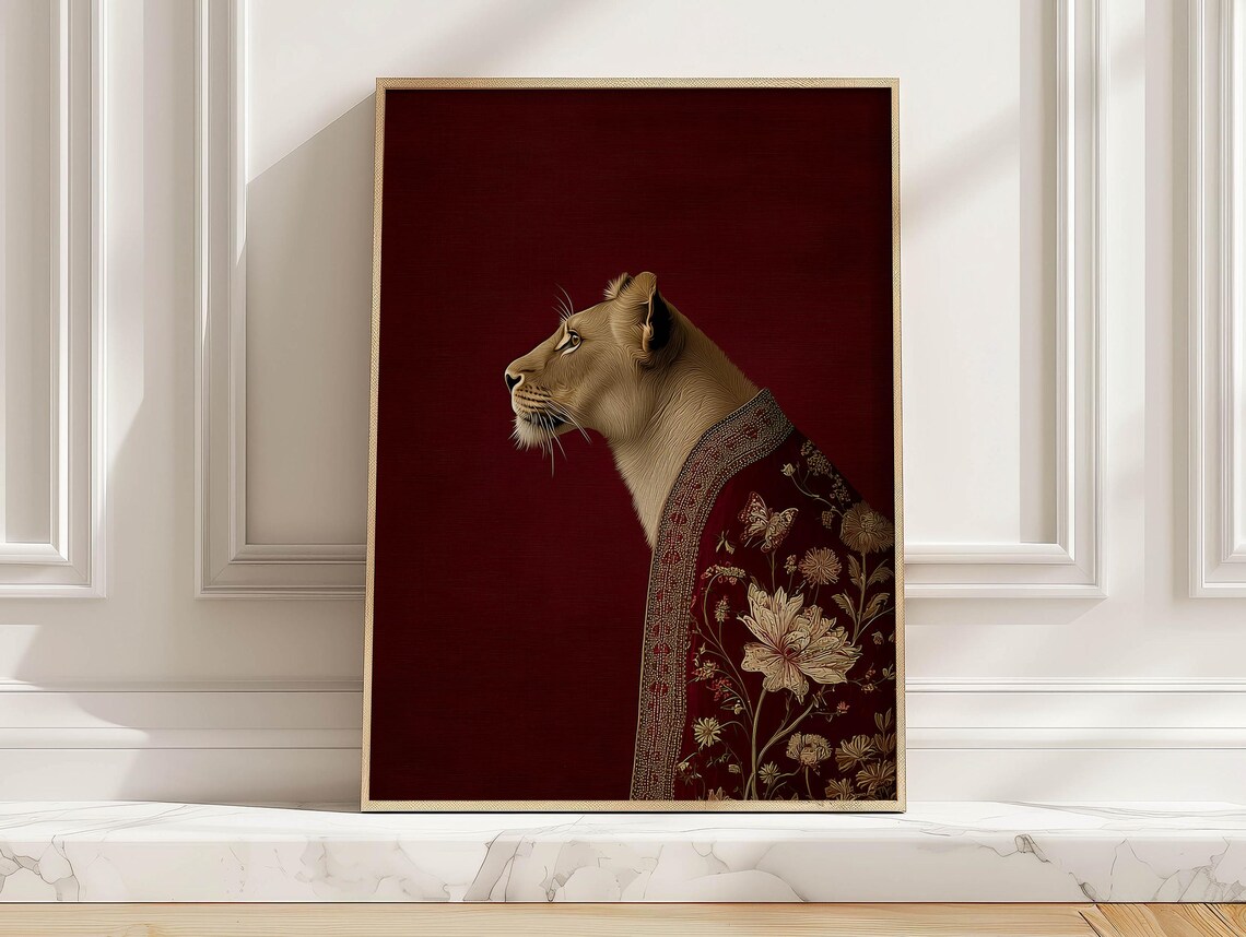 Vintage Lioness In Embroidered Robe, Eclectic Decor