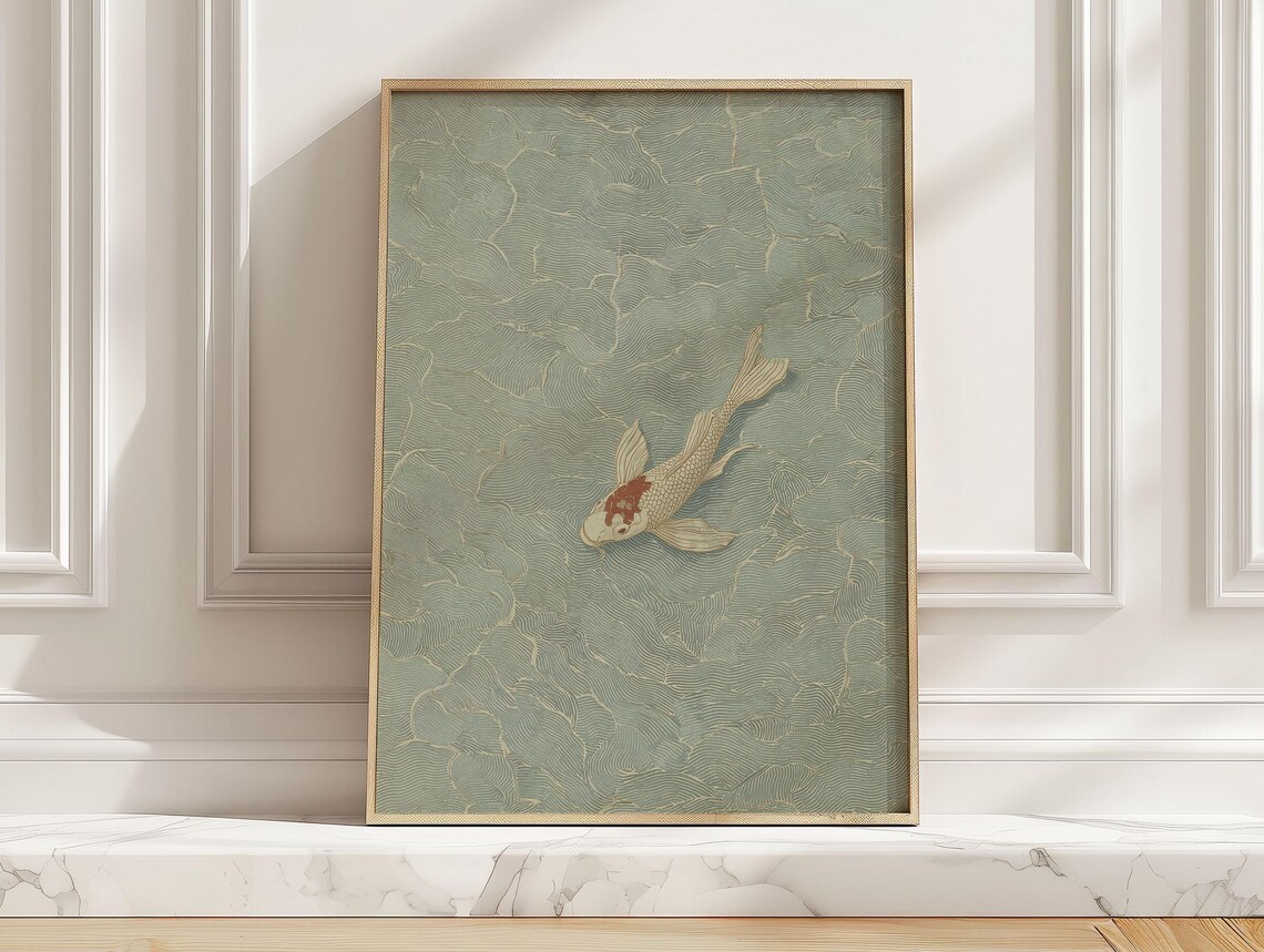 Minimalist Japanese Koi Fish Poster, Japandi Water Art