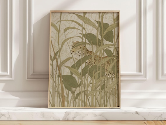 Jungle Leopard Among Tall Leaves Vintage Wildlife Safari Art Poster