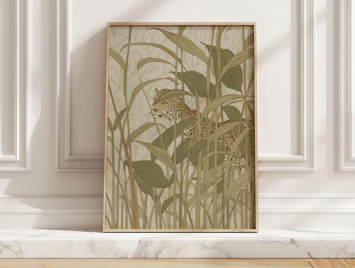 Jungle Leopard Among Tall Leaves Vintage Wildlife Safari Art Poster