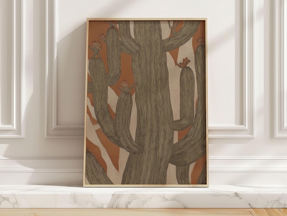 Abstract Saguaro Cactus Line Art Print Minimal Desert Botanical Poster Beige Terracotta Living Room