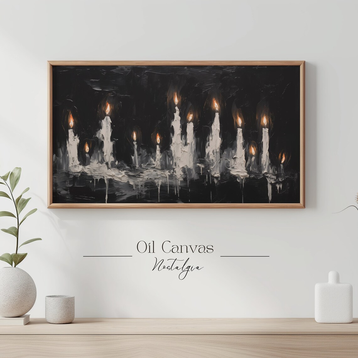 Burning White Candles On Black Background Moody Impasto Spooky Halloween Decor Poster - Image 3