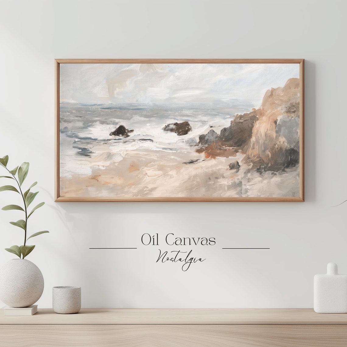 Muted Rocky Coastline Ocean Waves Beige Cliffs Coastal Wall Art - Image 3