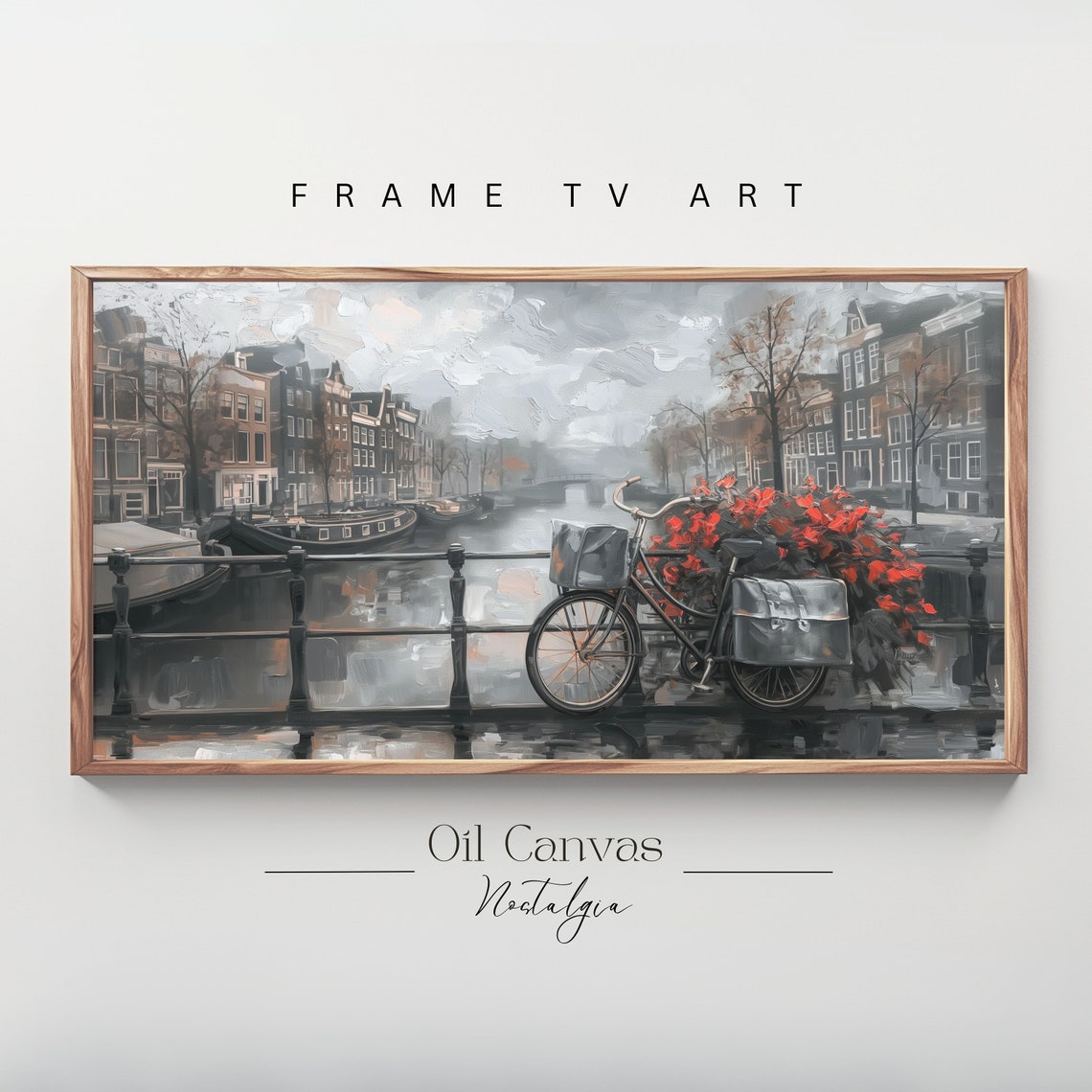 Amsterdam Canal Bicycle Red Flowers Moody Grayscale Cityscape Poster