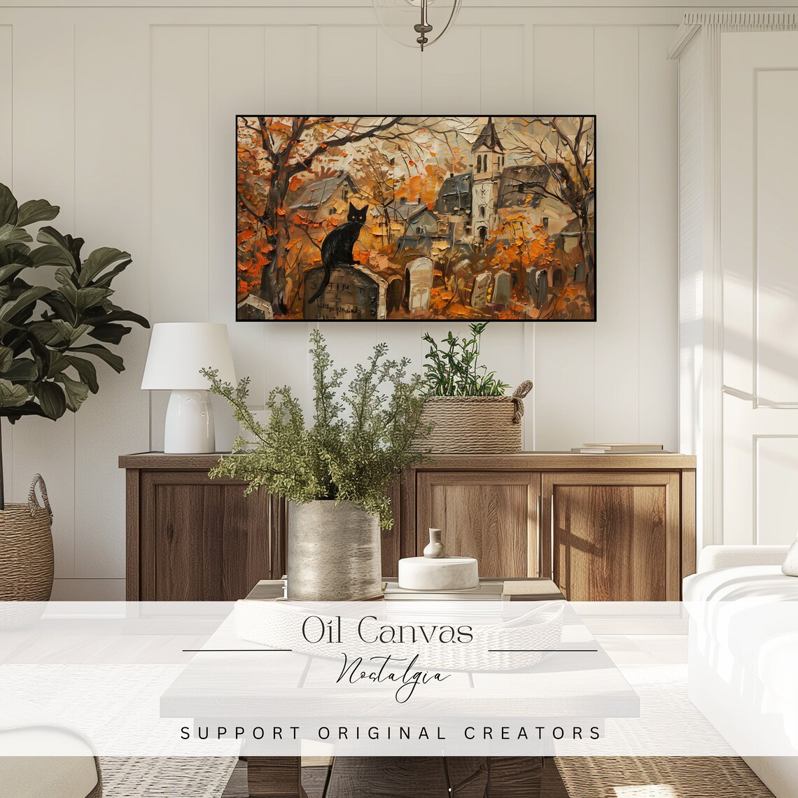 Black Cat Cemetery Gravestone Pumpkin Autumn Halloween Spooky Painting Poster - Image 3