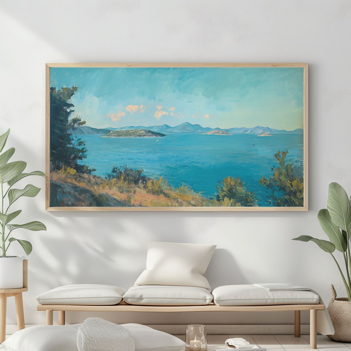 Frame Tv Art Vintage Beach Oil Painting Summer Sea Art Ocean Frame Tv Art Costal Landscape Blue Nautical Seascape - Image 2