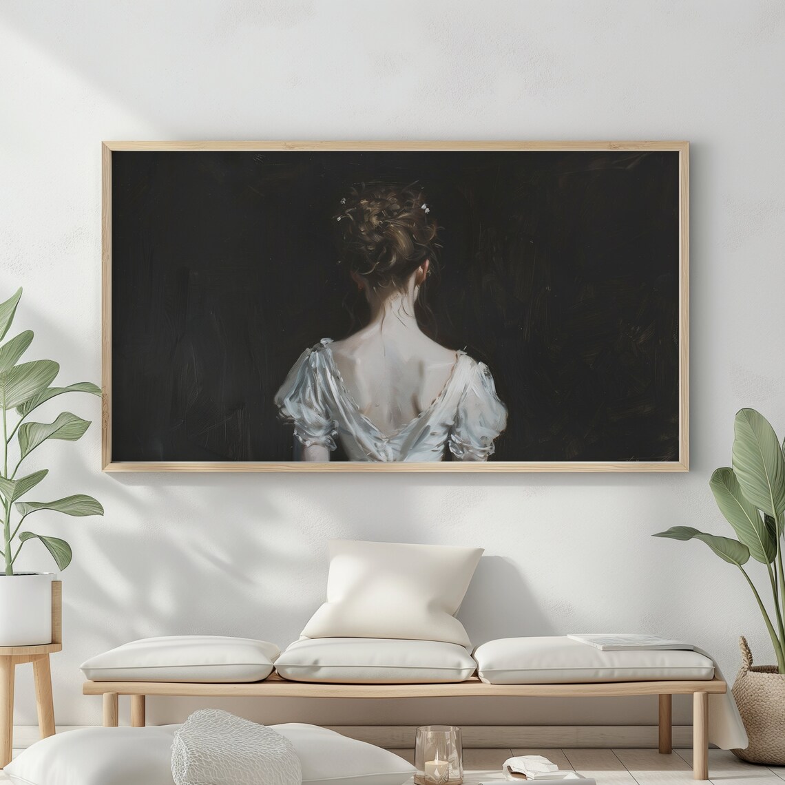 Vintage Woman Portrait Back Dark Background White Dress Wall Art - Image 2