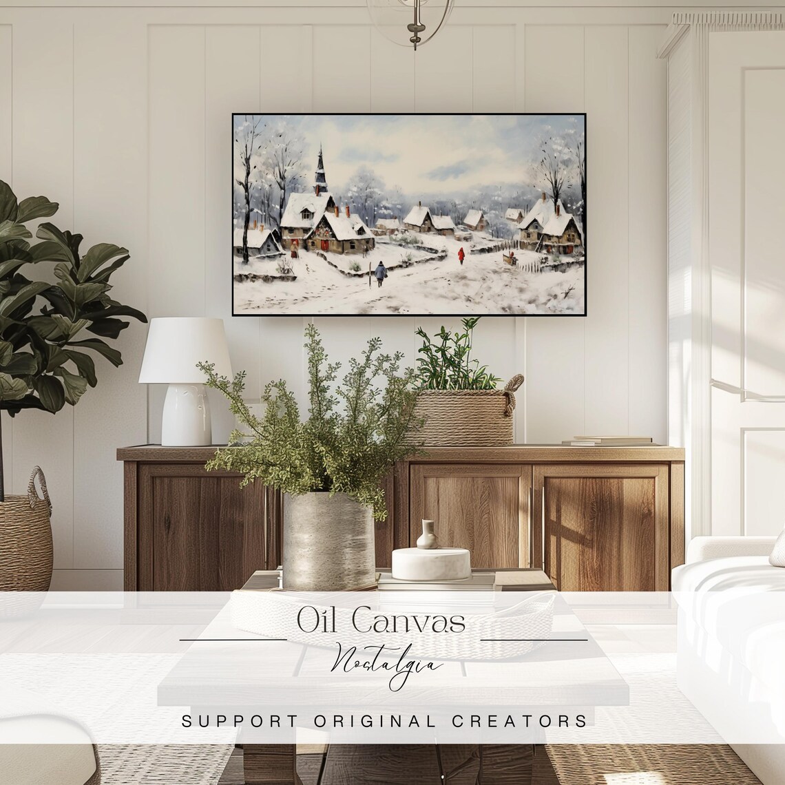 Snowy Winter Village Cottages Church Steeple Christmas Wall Art - Image 3
