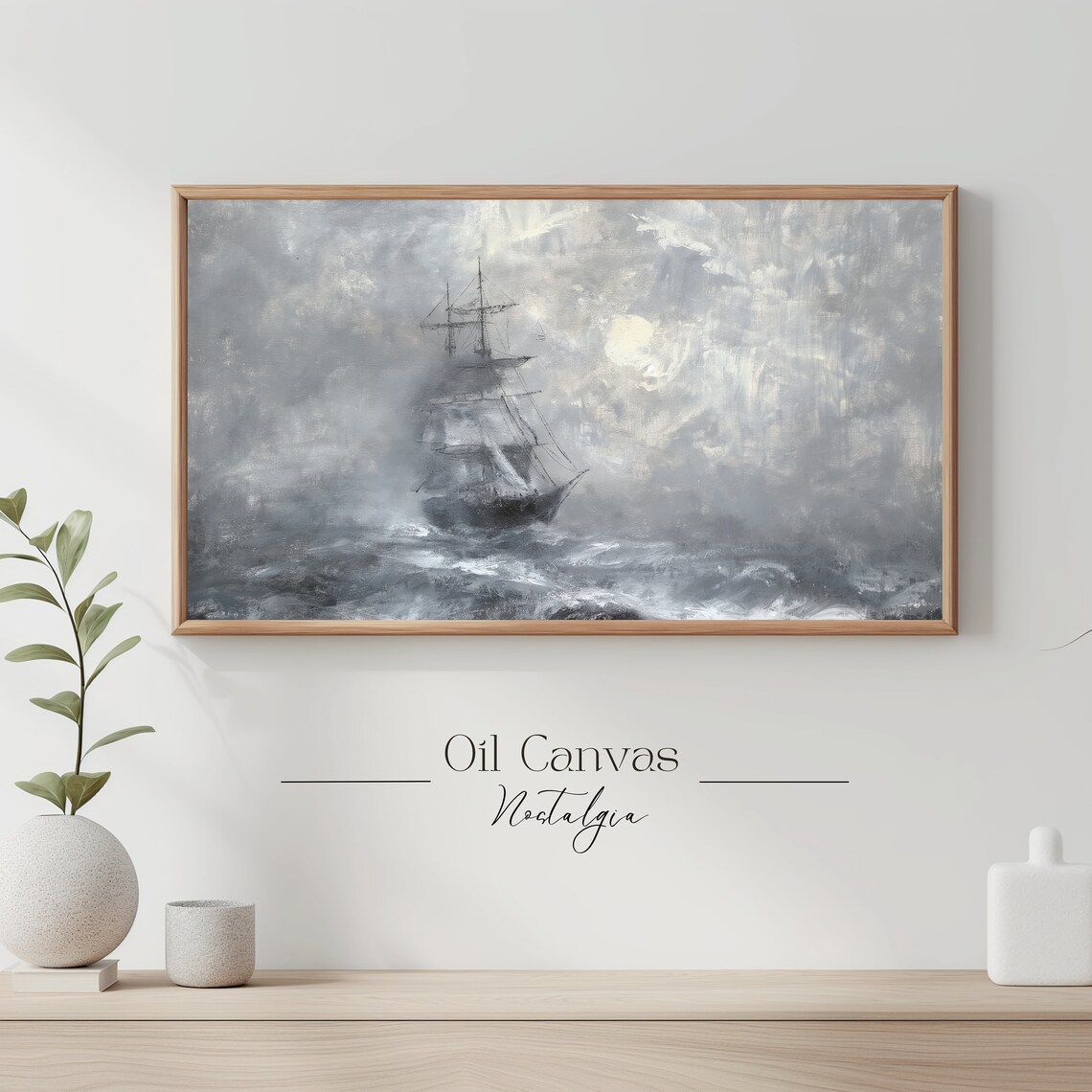 Frame Tv Art Vintage Nautical Oil Painting Seascape Beach House Decor Summer Sea Boat Wall Art - Image 3