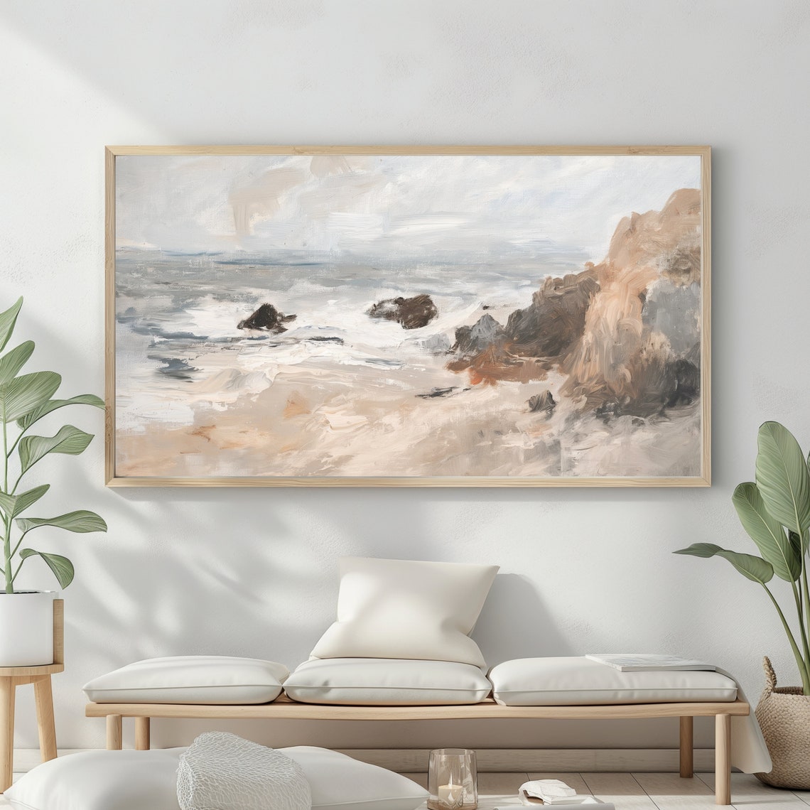Muted Rocky Coastline Ocean Waves Beige Cliffs Coastal Wall Art - Image 2