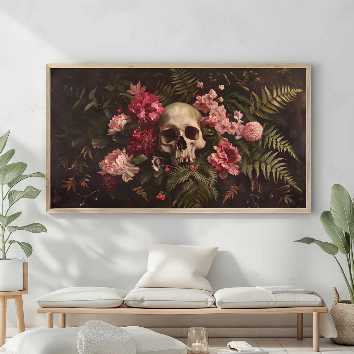 Skull Among Pink Blossoms And Ferns Dark Academia Floral Gothic Vintage Art Poster - Image 2