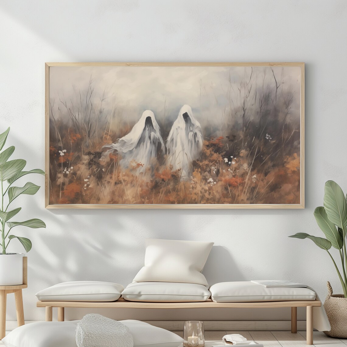 Sheet Ghosts Autumn Wildflowers Misty Spooky Fall Halloween Vintage Poster - Image 2