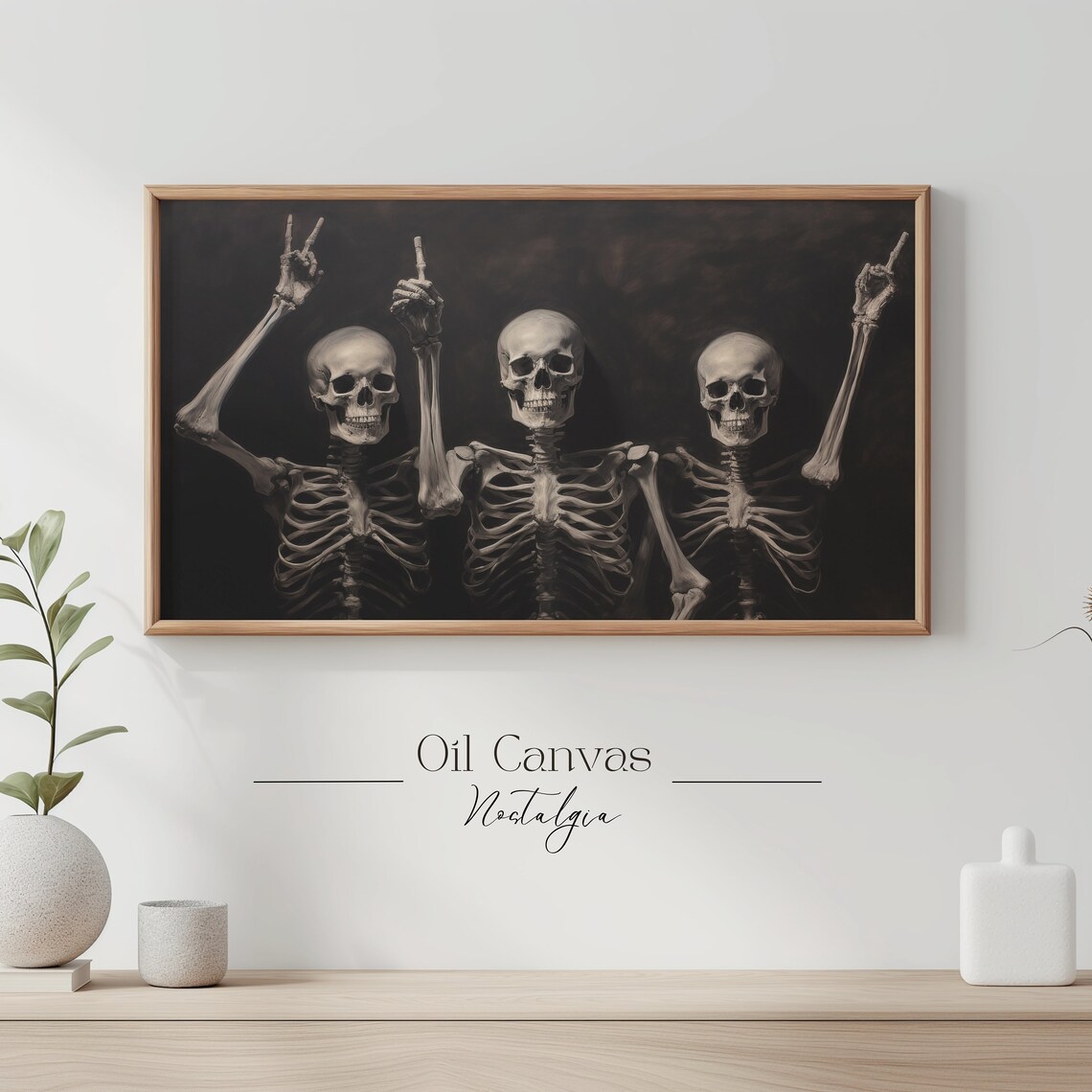 Three Skeletons Peace Sign Pose Dark Background Funny Spooky Halloween Poster - Image 3