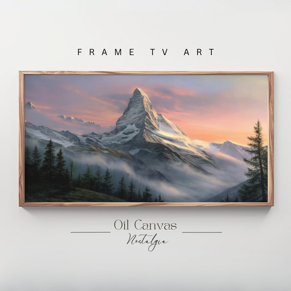 Mountain Landscape Frame Tv Art Moody Oil Painting Neutral Colours Rustic Scenery Farmhouse Decor