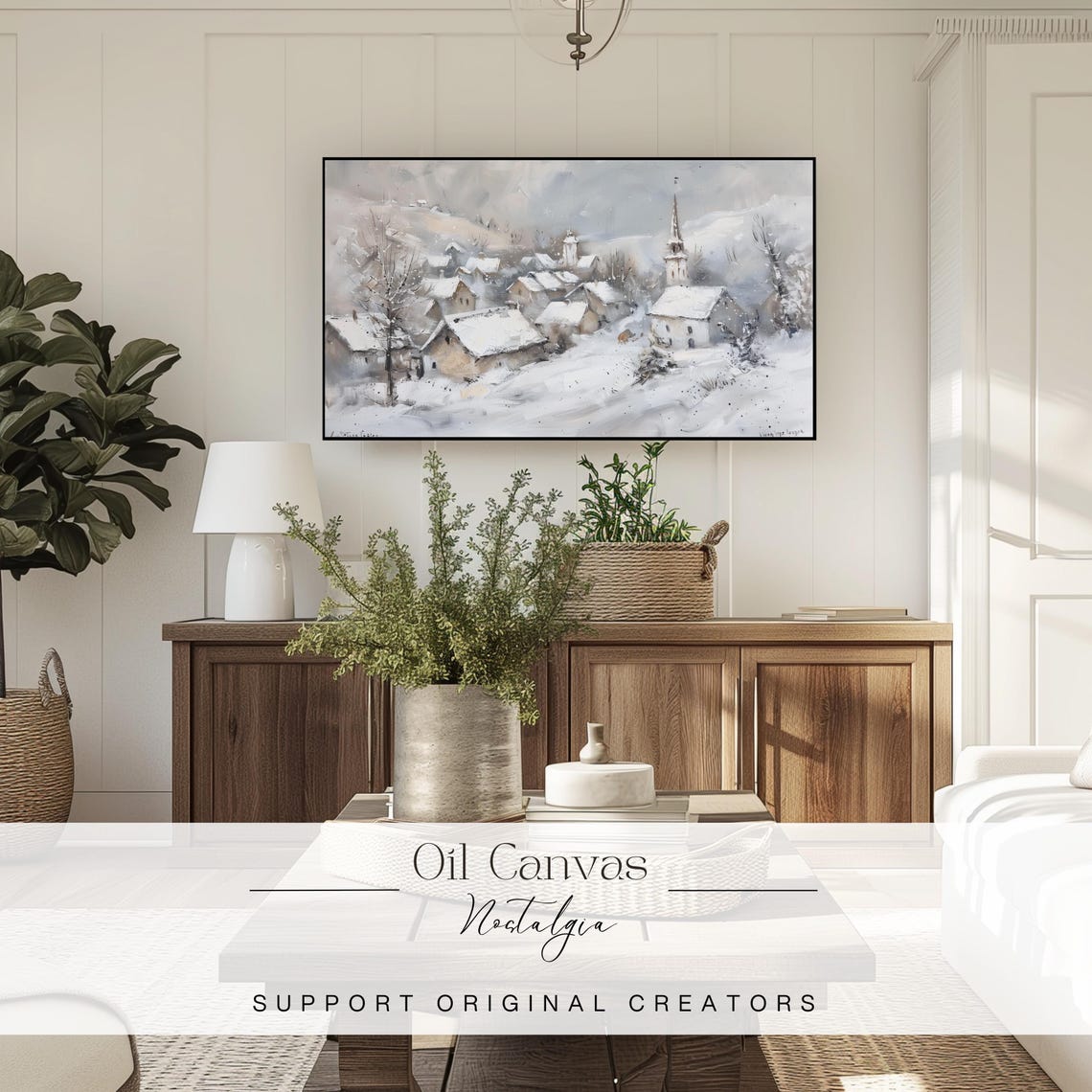 Snowy Mountain Village Church Spire Soft Gray Winter Wall Art - Image 3
