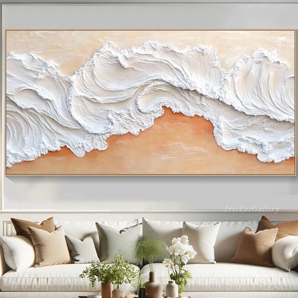 White Plaster Waves Over Peach Beach 3D Neutral Coastal Art Poster